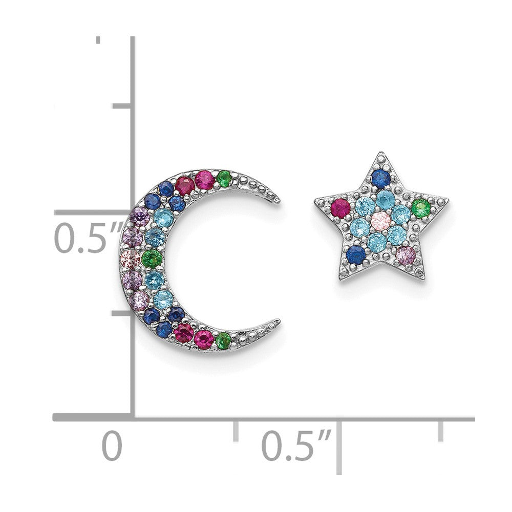 Sterling Silver Prizma Rhodium-Plated Moon And Star Colorful Cz Post Earrings