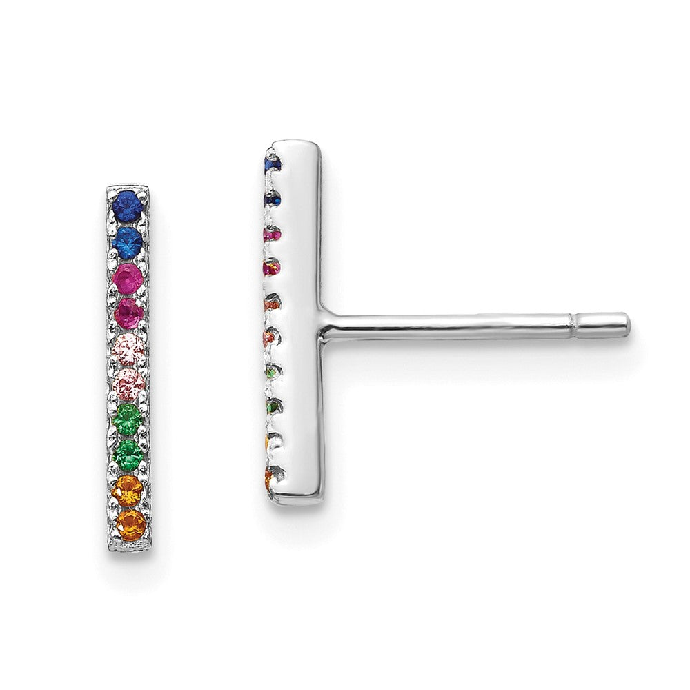 Sterling Silver Prizma Rhodium-Plated Colorful Cz Bar Post Earrings
