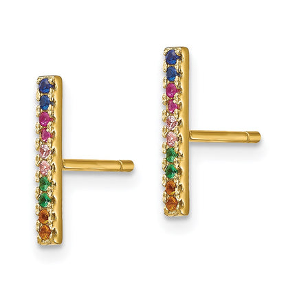 Sterling Silver Prizma Gold-Tone 14K Flash Gold-Plated Colorful Cz Bar Post Earrings