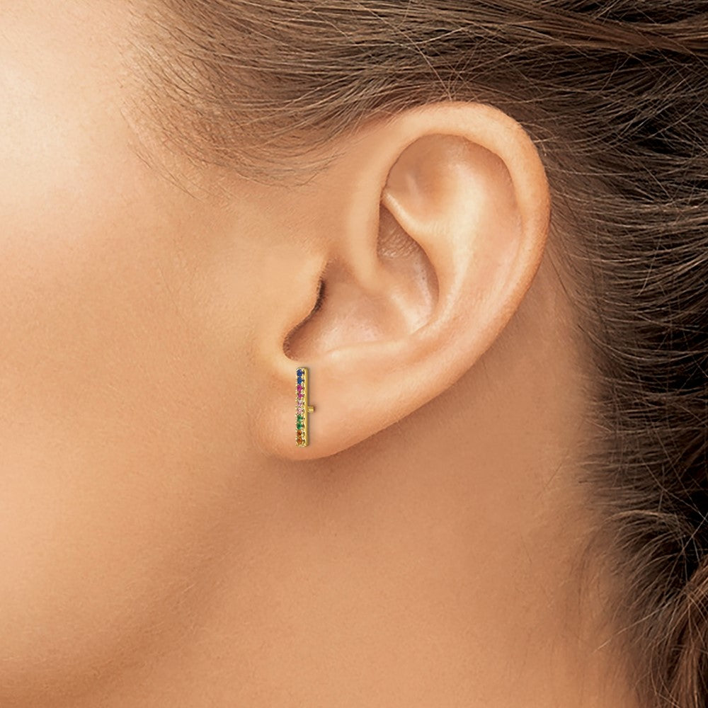 Sterling Silver Prizma Gold-Tone 14K Flash Gold-Plated Colorful Cz Bar Post Earrings