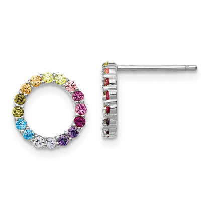 Sterling Silver Prizma Rhodium-Plated Colorful Cz Open Circle Post Earrings