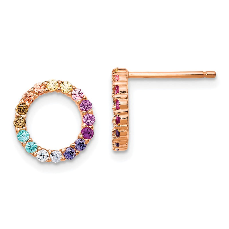 Sterling Silver Prizma Rose-Tone 14K Flash Rose Gold-Plated Colorful Cz Open Circle Post Earrings