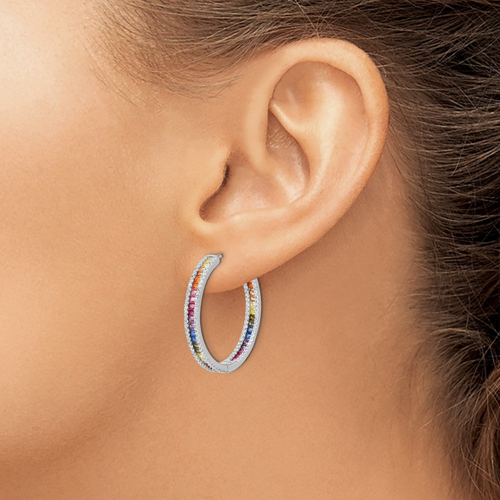 Sterling Silver Prizma Rhodium-Plated White And Colorful Cz In Out Hinged Hoop Earrings