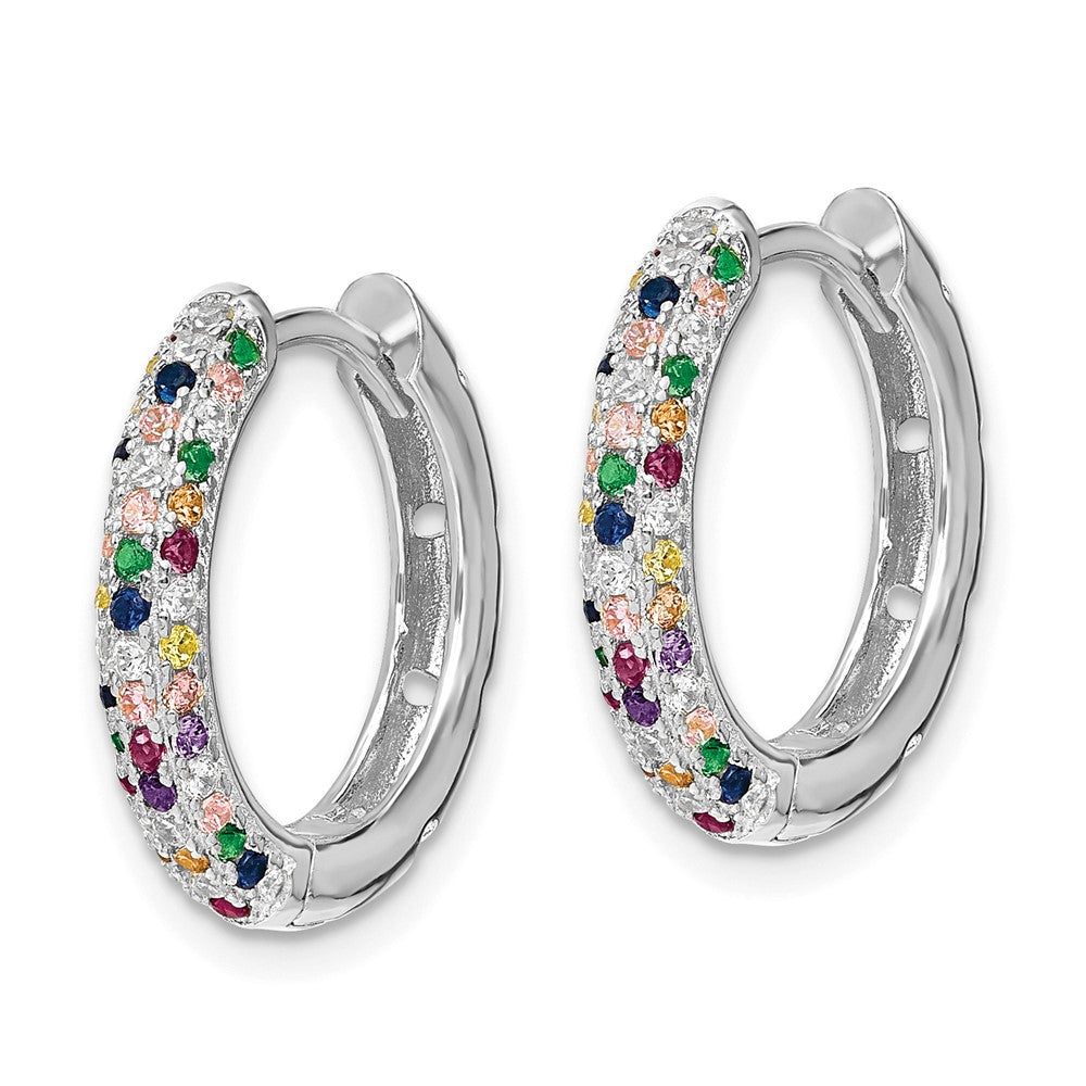 Sterling Silver Prizma Rhodium-Plated White And Colorful Cz Small Hinged Hoop Earrings