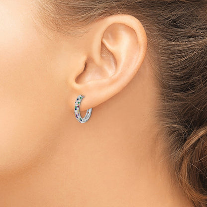 Sterling Silver Prizma Rhodium-Plated White And Colorful Cz Small Hinged Hoop Earrings