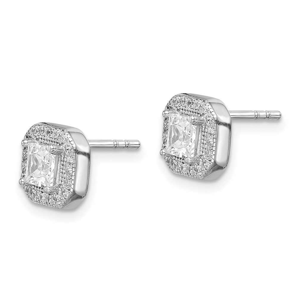 Sterling Silver Rhodium Plated Square Clear Center And Cz Post Earrings