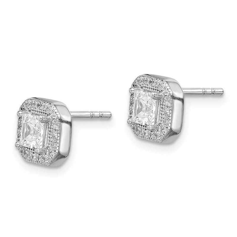 Sterling Silver Rhodium Plated Square Clear Center And Cz Post Earrings