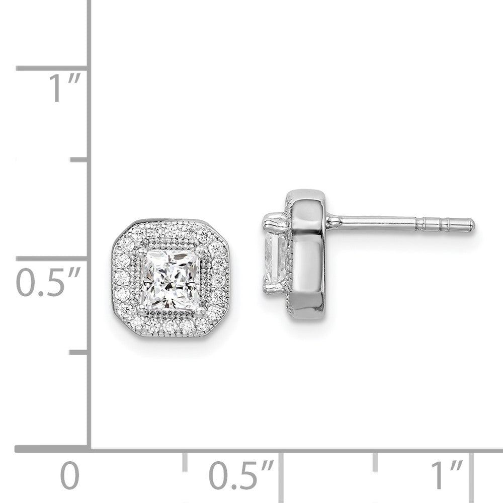 Sterling Silver Rhodium Plated Square Clear Center And Cz Post Earrings
