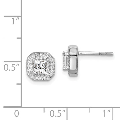 Sterling Silver Rhodium Plated Square Clear Center And Cz Post Earrings