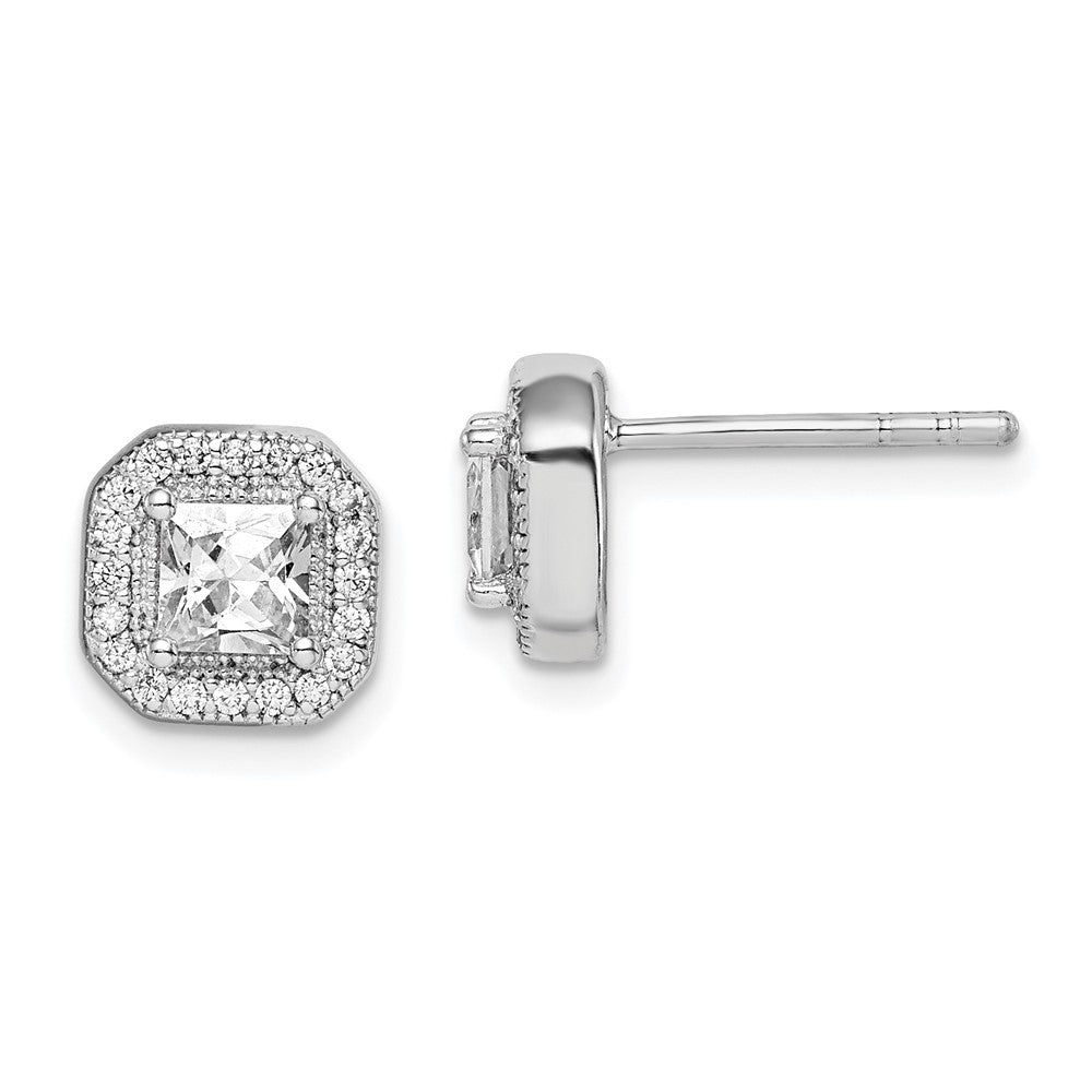 Sterling Silver Rhodium Plated Square Clear Center And Cz Post Earrings
