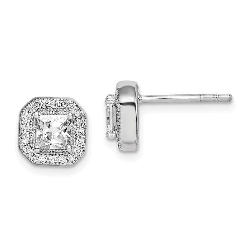 Sterling Silver Rhodium Plated Square Clear Center And Cz Post Earrings
