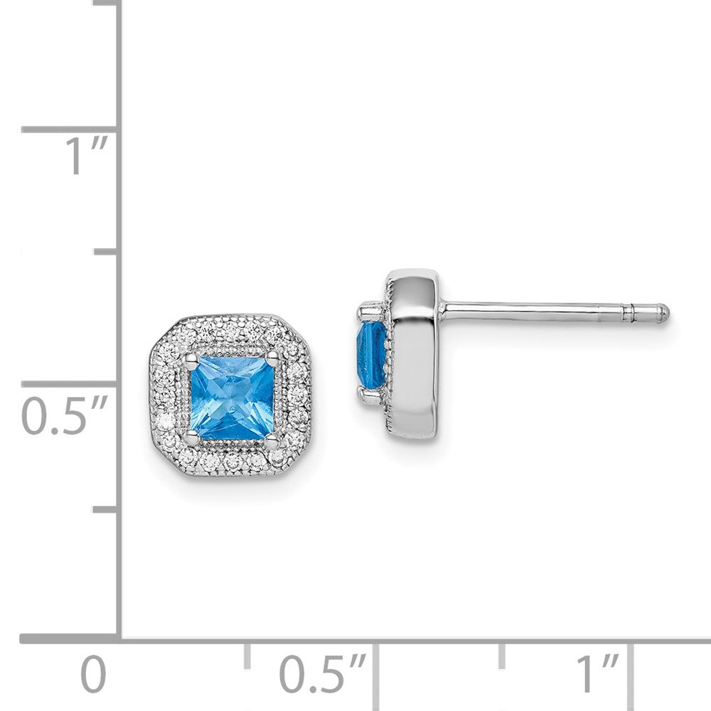 Sterling Silver Rhodium Plated Square Blue And Clear Cz Post Earrings