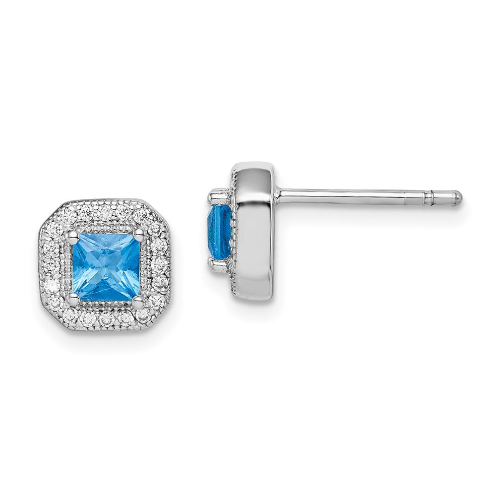 Sterling Silver Rhodium Plated Square Blue And Clear Cz Post Earrings
