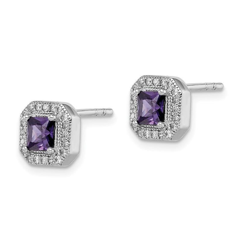 Sterling Silver Rhodium Plated Square Purple Cz And Clear Post Earrings