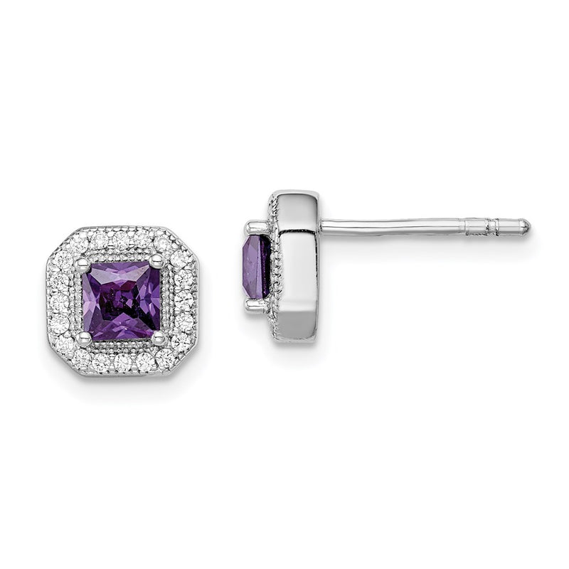 Sterling Silver Rhodium Plated Square Purple Cz And Clear Post Earrings