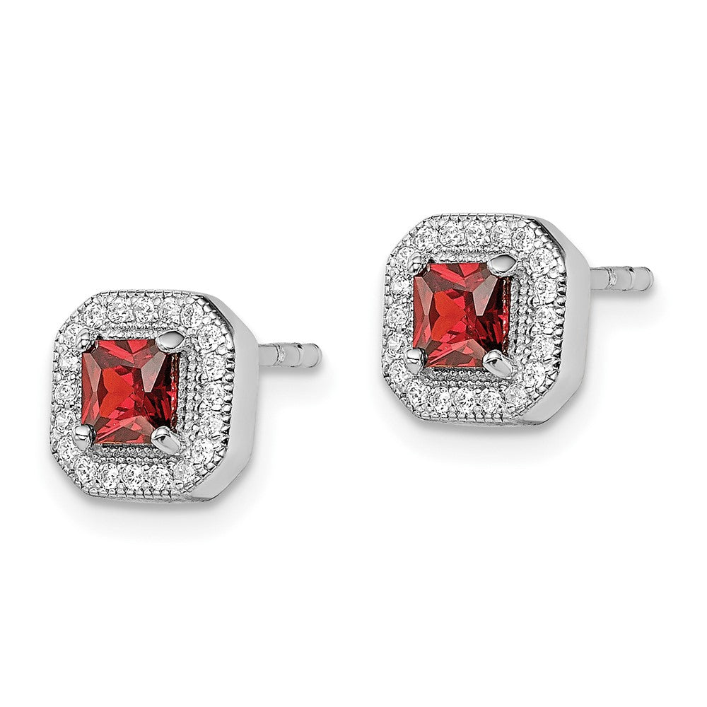 Sterling Silver Rhodium Plated Square Red Cz And Clear Post Earrings