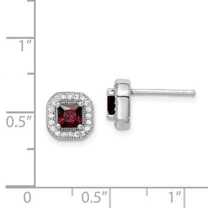 Sterling Silver Rhodium Plated Square Red Cz And Clear Post Earrings