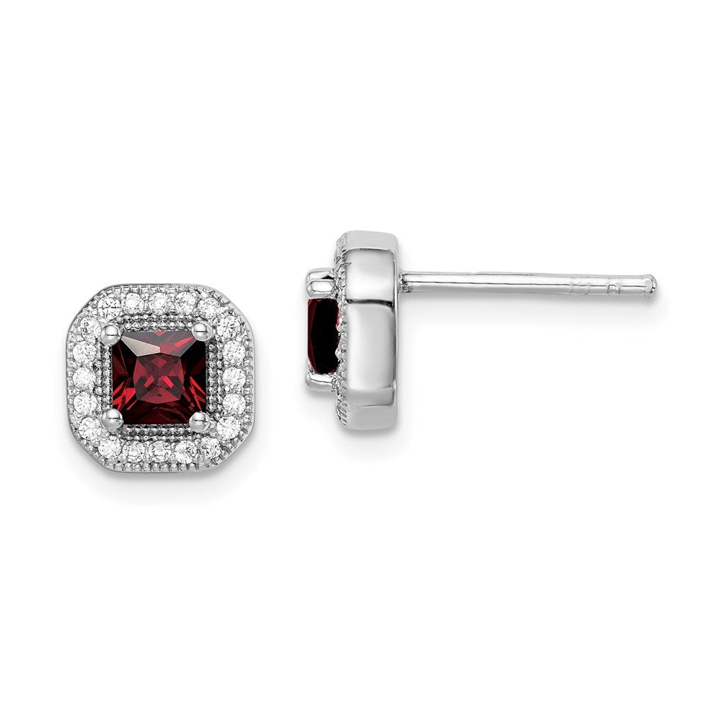 Sterling Silver Rhodium Plated Square Red Cz And Clear Post Earrings