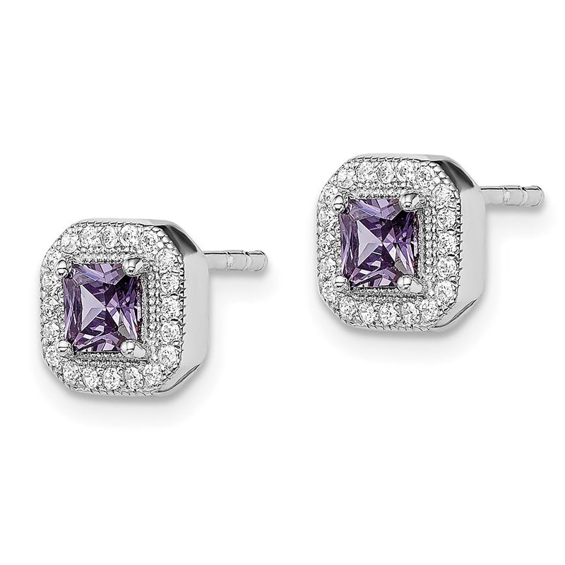 Sterling Silver Rhodium Plated Square Light Purple And Clear Cz Post Earrings