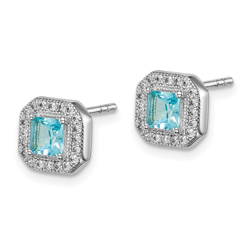 Sterling Silver Rhodium Plated Square Light Blue And Clear Cz Post Earrings