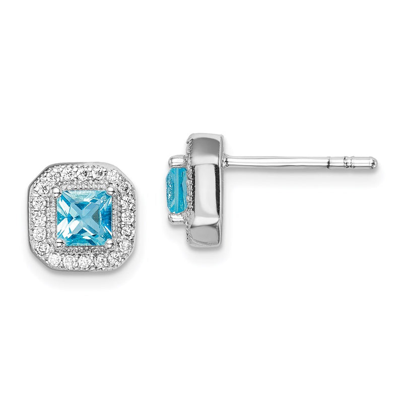 Sterling Silver Rhodium Plated Square Light Blue And Clear Cz Post Earrings