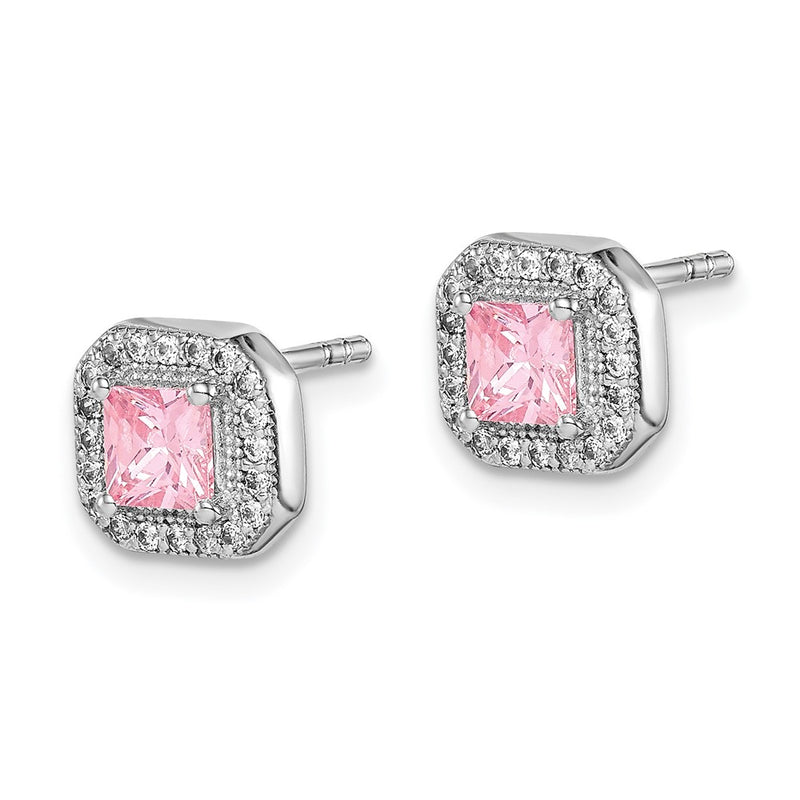 Sterling Silver Rhodium Plated Square Pink Cz And Clear Post Earrings