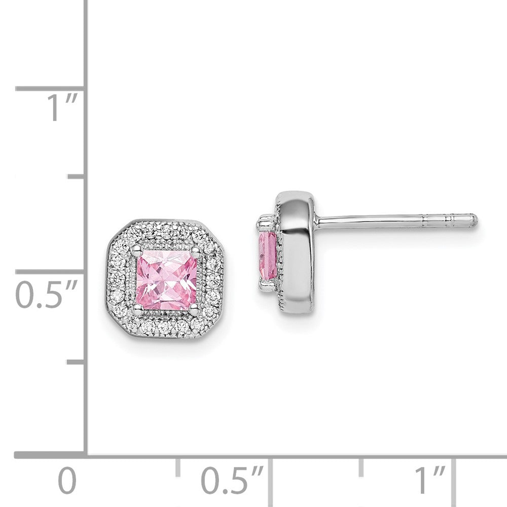 Sterling Silver Rhodium Plated Square Pink Cz And Clear Post Earrings