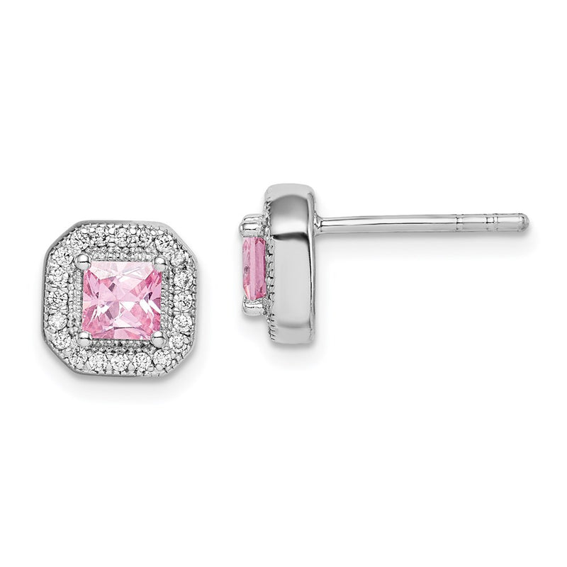 Sterling Silver Rhodium Plated Square Pink Cz And Clear Post Earrings