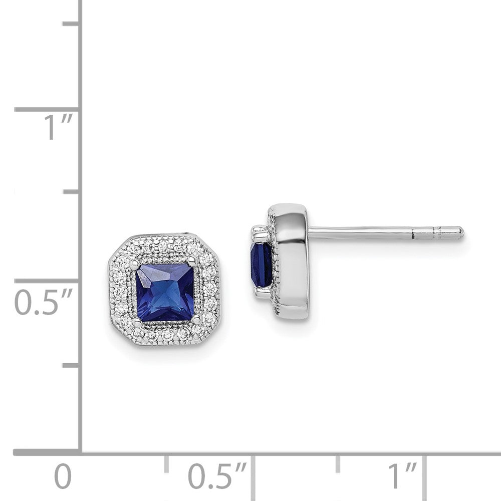 Sterling Silver Rhodium Plated Square Blue And Clear Cz Post Earrings