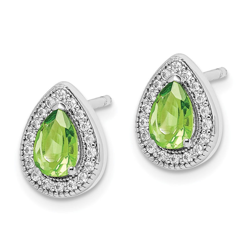 Sterling Silver Rhodium Plated Green And Clear Cz Post Earrings