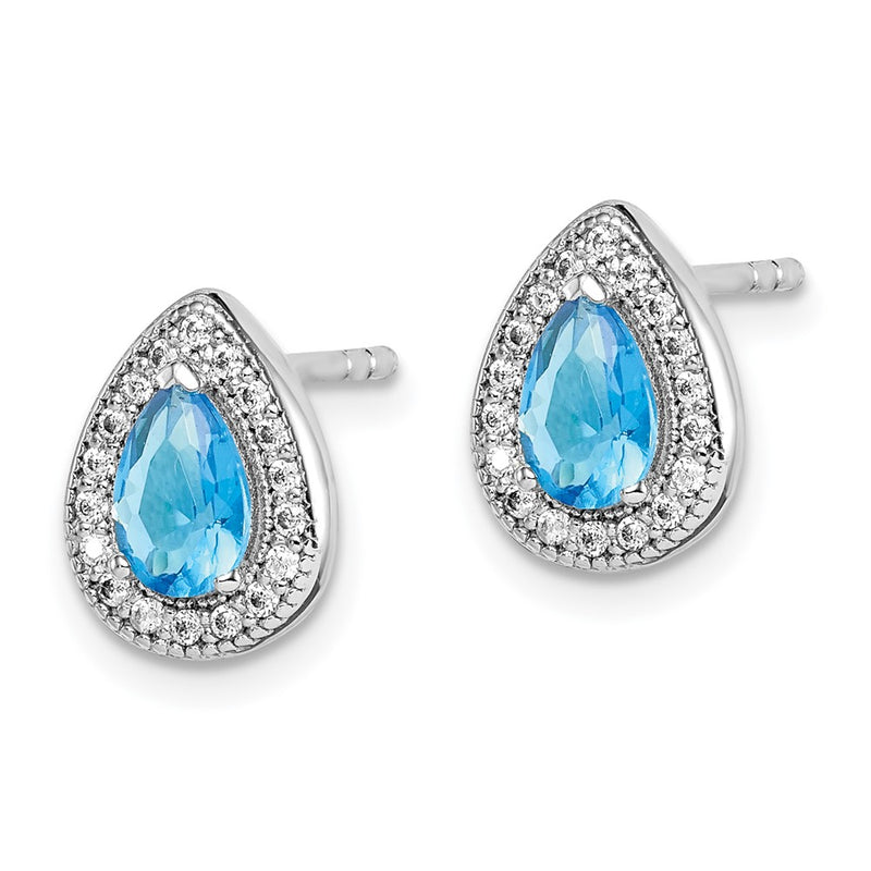 Sterling Silver Rhodium Plated Blue And Clear Cz Post Earrings