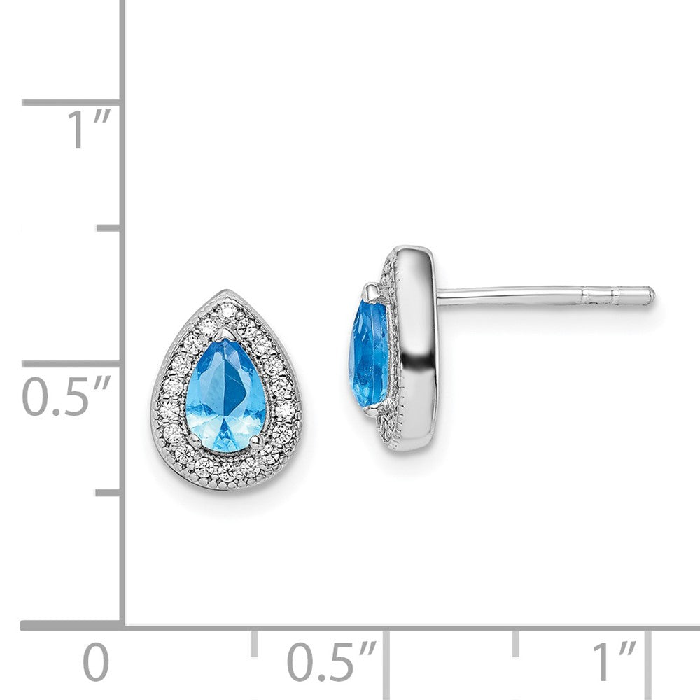 Sterling Silver Rhodium Plated Blue And Clear Cz Post Earrings