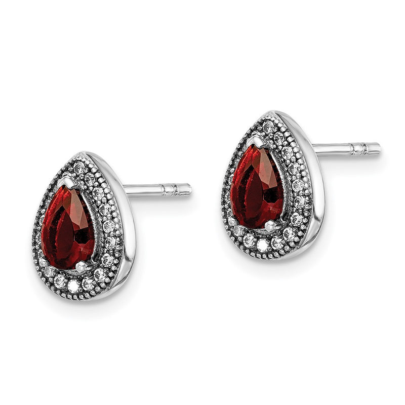 Sterling Silver Rhodium-Plated Red And Clear Cz Post Earrings