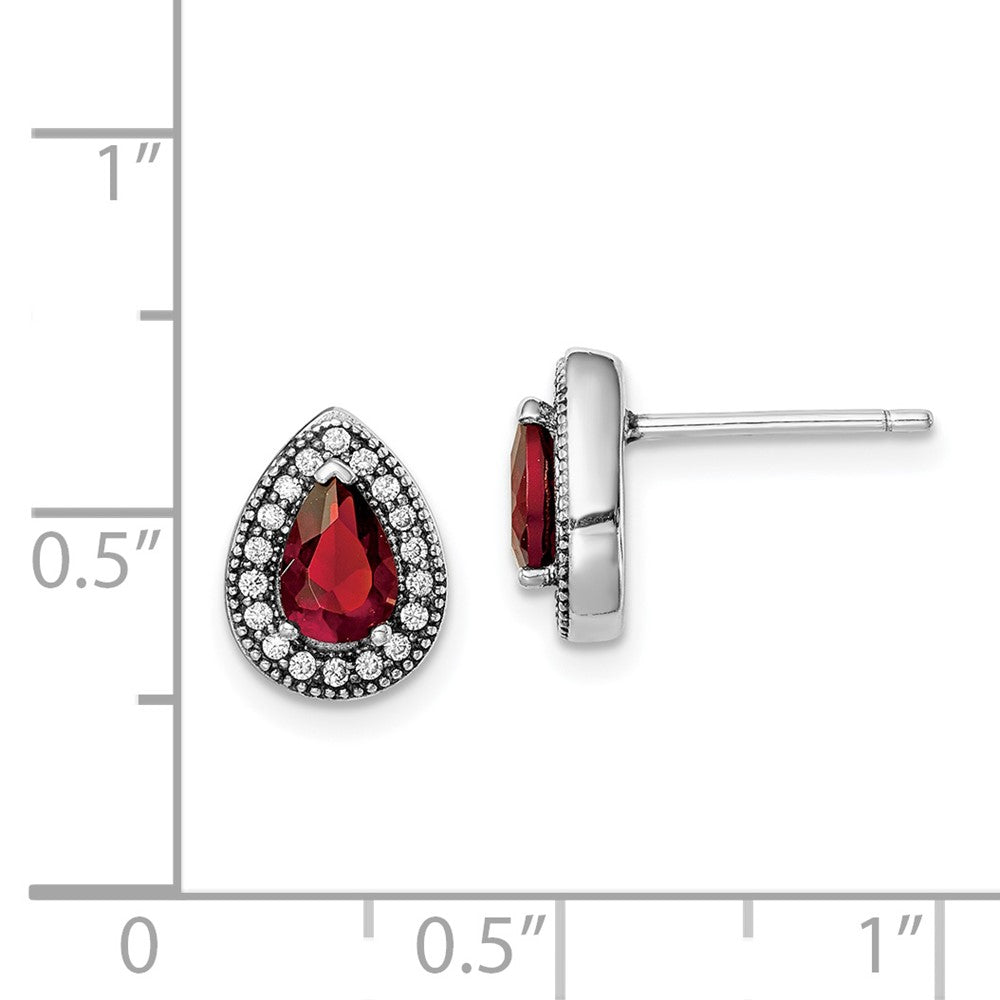 Sterling Silver Rhodium-Plated Red And Clear Cz Post Earrings