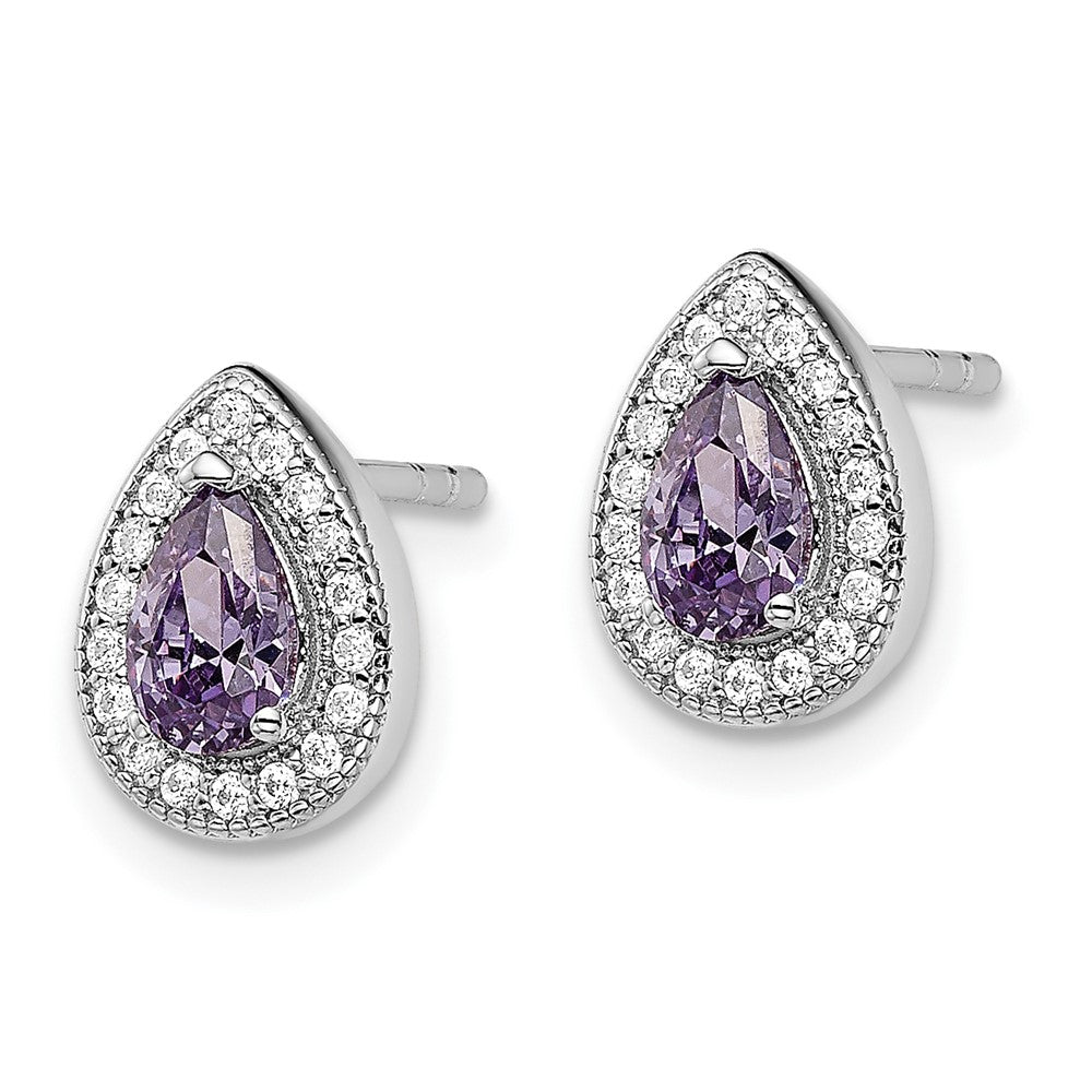 Sterling Silver Rhodium-Plated Purple And Clear Cz Post Earrings