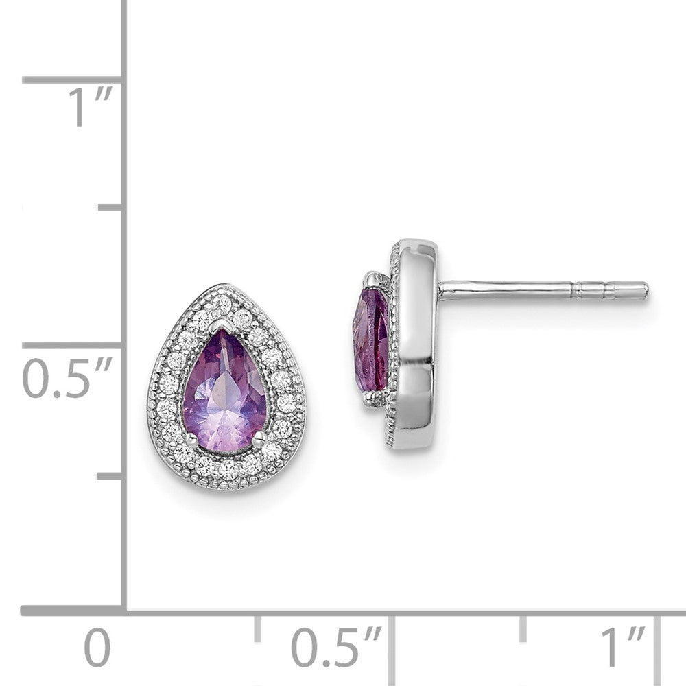 Sterling Silver Rhodium-Plated Purple And Clear Cz Post Earrings