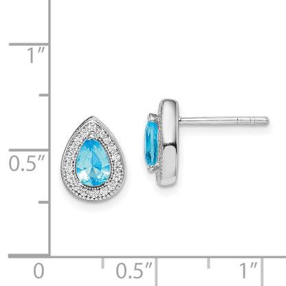 Sterling Silver Rhod Plated Blue And Clear Cz Post Earrings