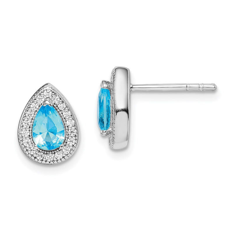 Sterling Silver Rhod Plated Blue And Clear Cz Post Earrings