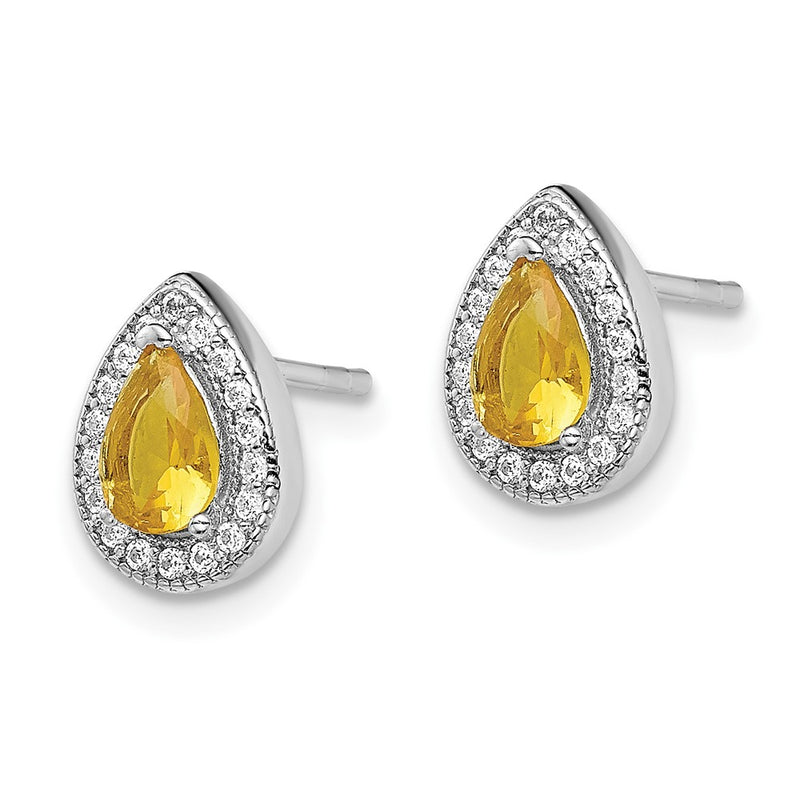 Sterling Silver Rhodium-Plated Yellow And Clear Cz Post Earrings