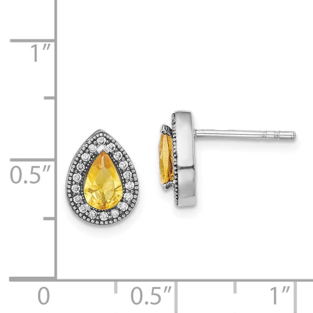 Sterling Silver Rhodium-Plated Yellow And Clear Cz Post Earrings