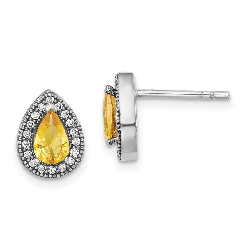Sterling Silver Rhodium-Plated Yellow And Clear Cz Post Earrings