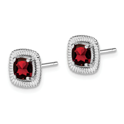 Sterling Silver Rhod-Plat Garnet Square Post Earrings