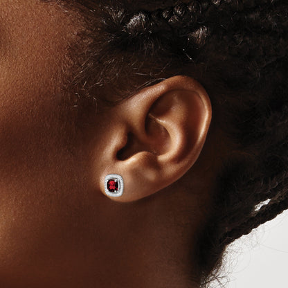 Sterling Silver Rhod-Plat Garnet Square Post Earrings