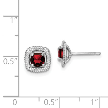 Sterling Silver Rhod-Plat Garnet Square Post Earrings