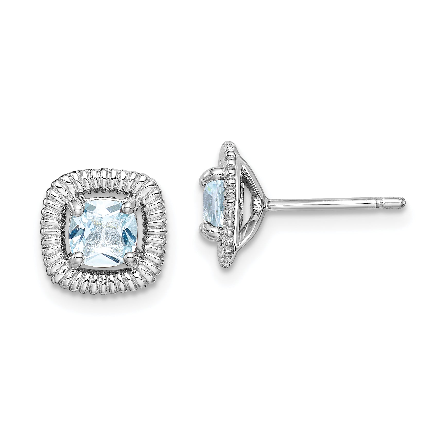 Sterling Silver Rhod-Plat Aquamarine Square Post Earrings