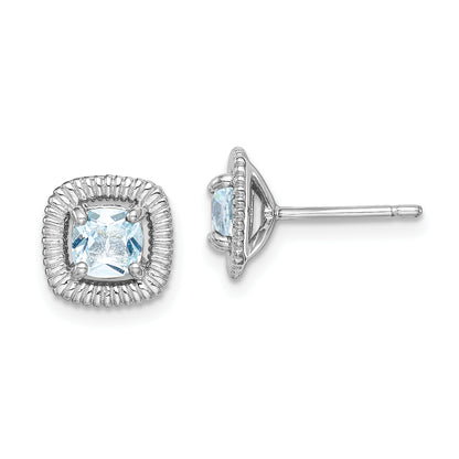 Sterling Silver Rhod-Plat Aquamarine Square Post Earrings