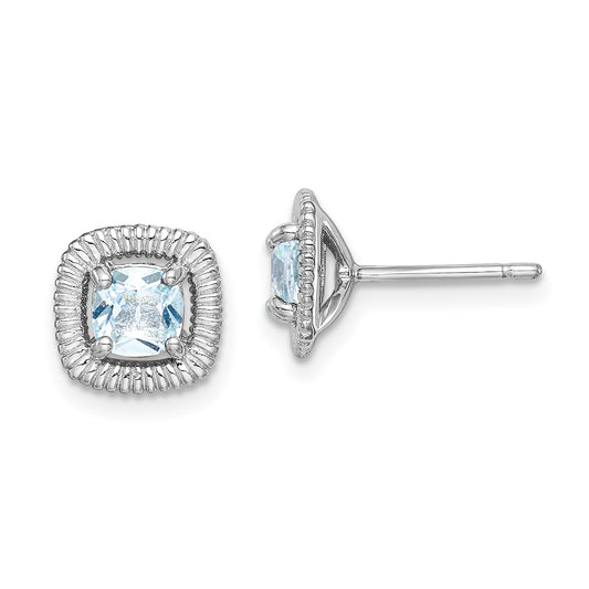 Sterling Silver Rhod-Plat Aquamarine Square Post Earrings