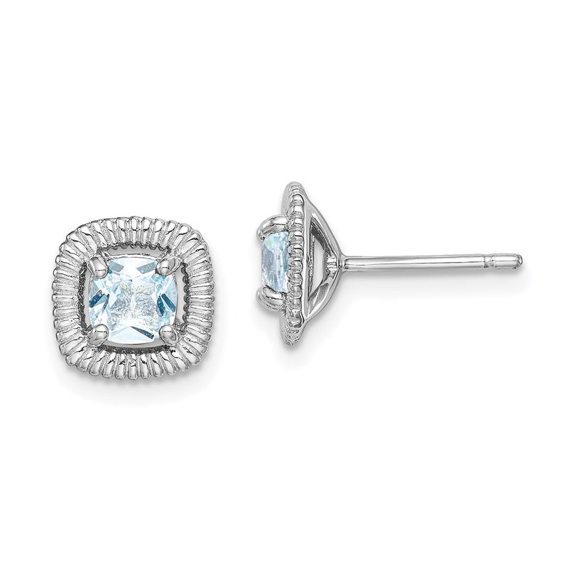 Sterling Silver Rhod-Plat Aquamarine Square Post Earrings
