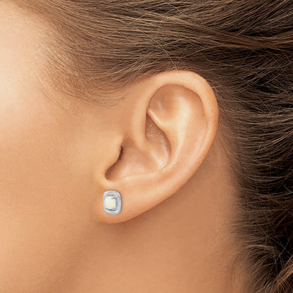 Sterling Silver Rhod-Plat Milky Opal Square Post Earrings