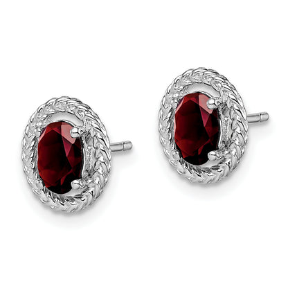 Sterling Silver Rhodium-Plated Garnet Oval Post Earrings